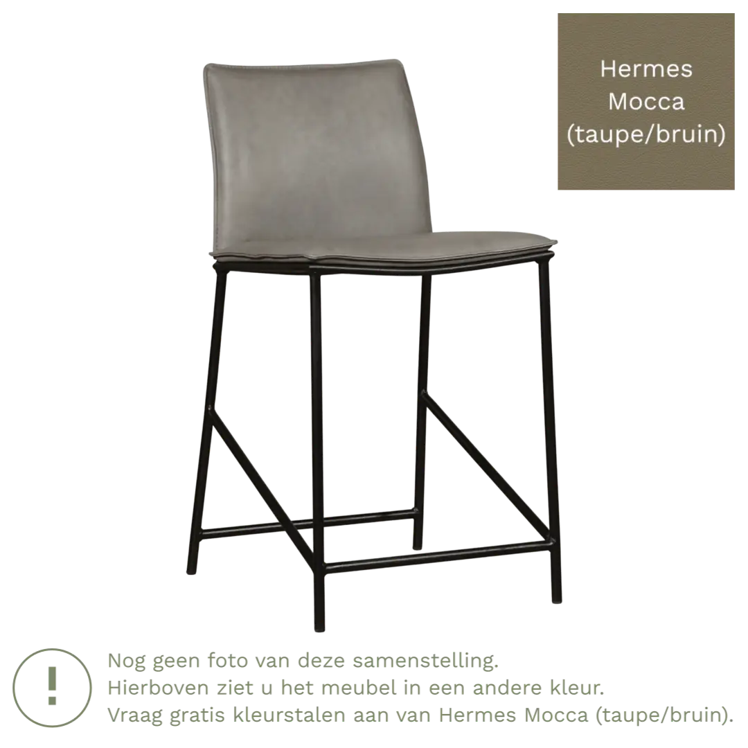 afbeelding van Leren barkruk laag Favor - Hermes Mocca (taupe/bruin) - poten staal rond zwart